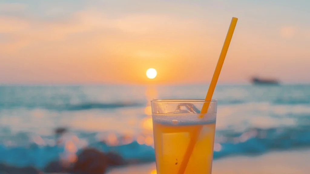 Sunset beach view with refreshing iced drink