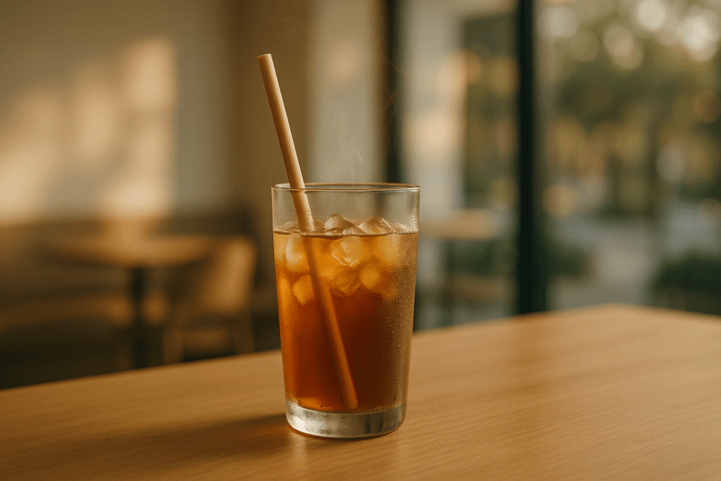 Glass of iced tea on wooden table.