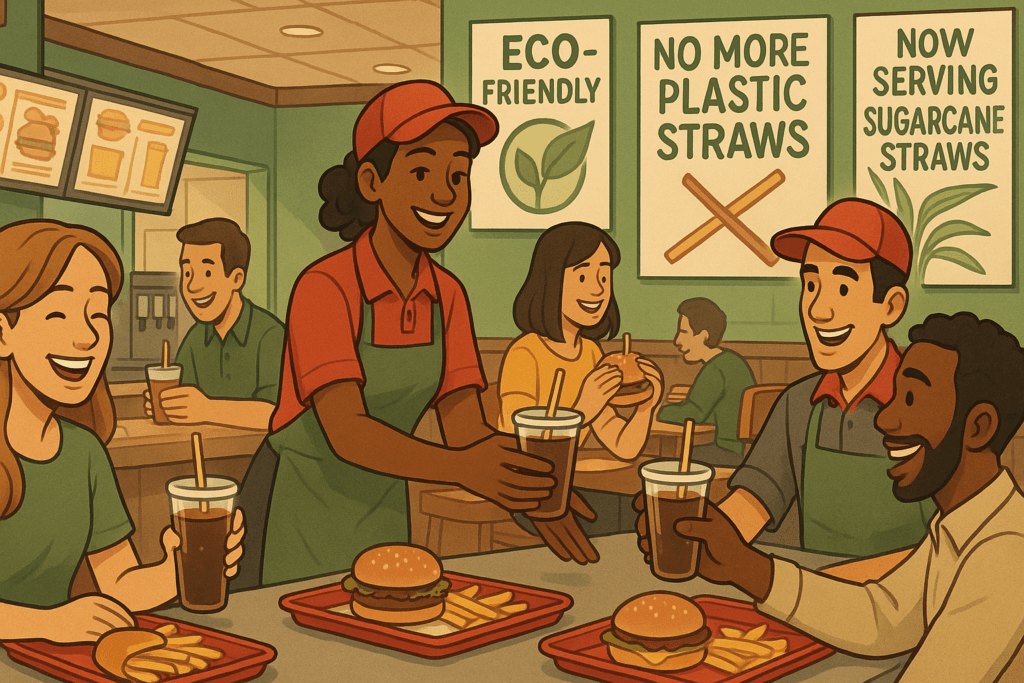 Cafe serving eco-friendly drinks with sugarcane straws.