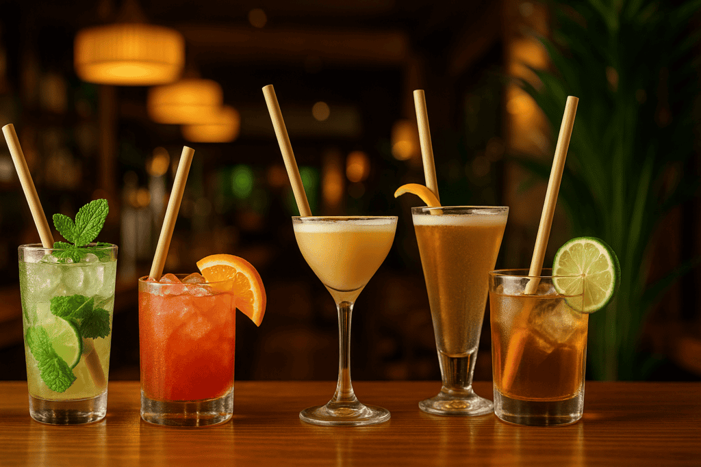 Assorted cocktails with straws on bar counter.