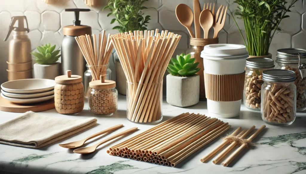 Eco-friendly kitchen utensils and storage jars displayed.