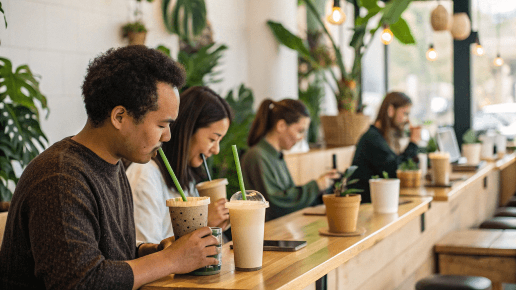 People enjoying drinks in a cozy cafe.