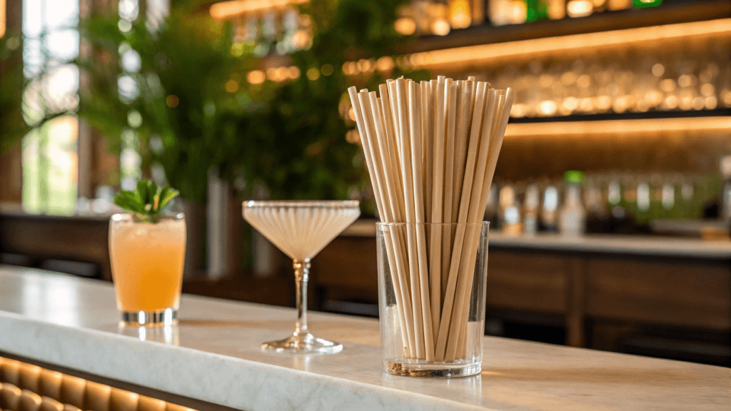 Cocktail drinks and straws on bar counter.