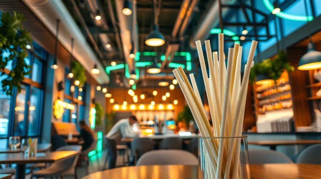Modern cafe interior with neon lights and seating.
