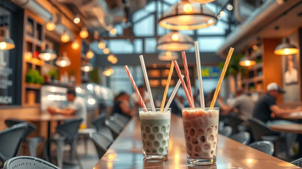 Two bubble tea glasses on cafe table.