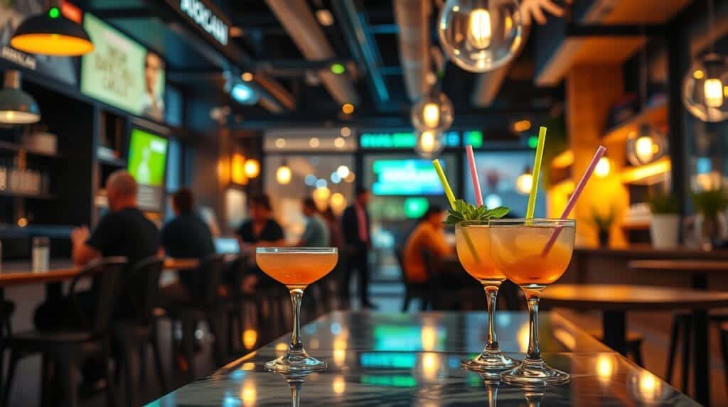 Cocktails on table at lively bar.