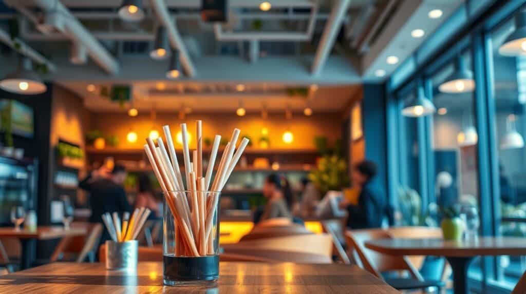 Cozy cafe interior with focus on glass of straws.