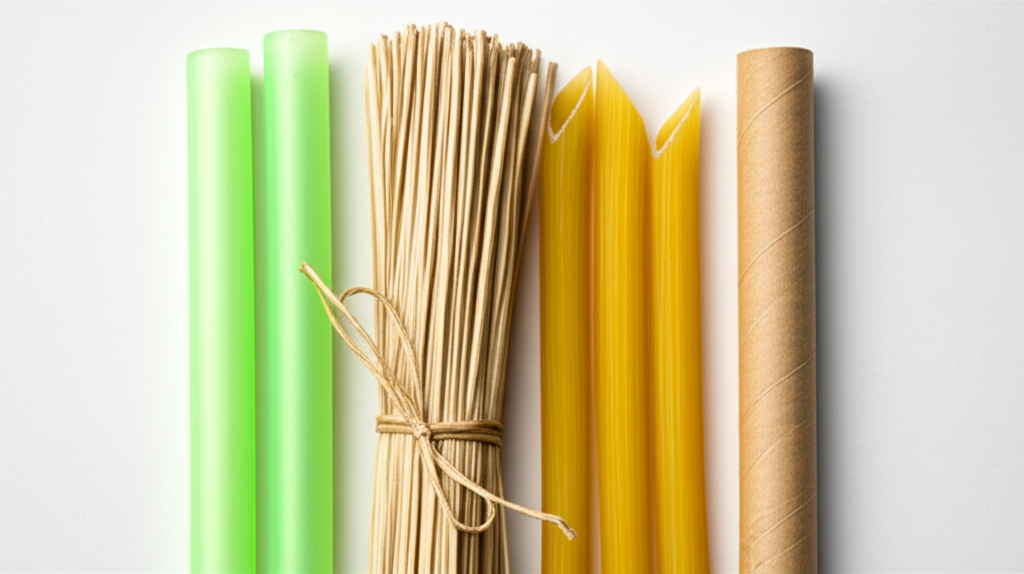 A diverse collection of sustainable straws made from various materials, arranged aesthetically.