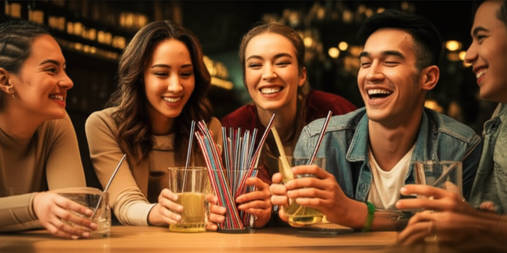A futuristic bar setting with glowing reusable straws, symbolizing innovation and sustainability.