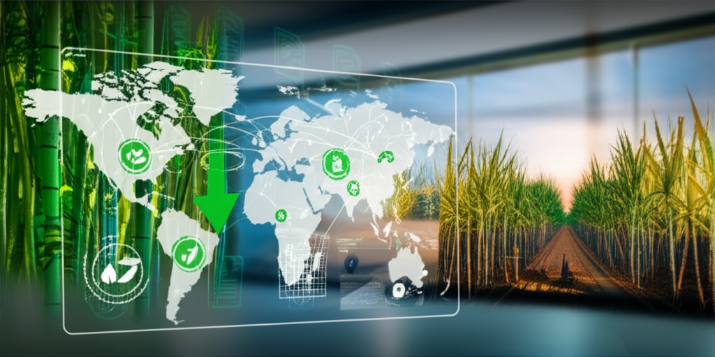 Illustration of global supply chain map with regulatory overlays for EU, US, and Asia-Pacific, highlighting compliance challenges for bio-materials.