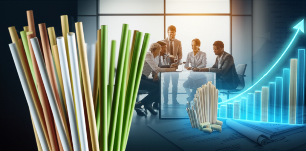 Illustration: A busy quick-service restaurant counter with compostable straws being used.