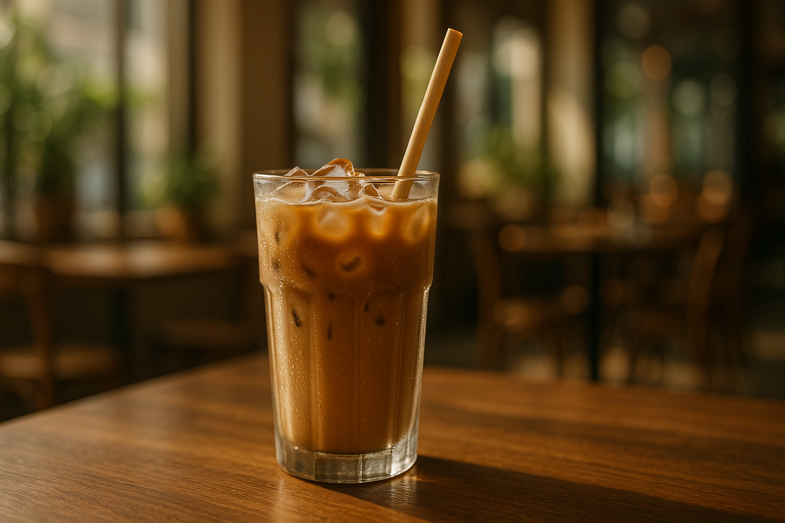 Iced coffee in a clear glass with a sugarcane straw on a wooden café table, representing eco-friendly beverage experience