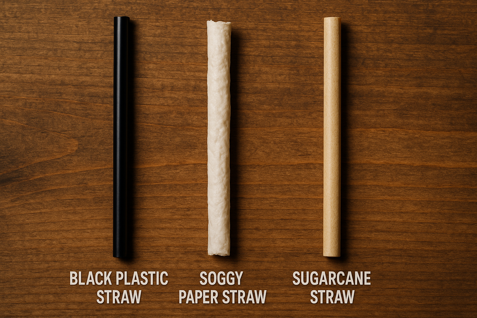 Side-by-side comparison of plastic, soggy paper, and sturdy sugarcane straws on a wooden surface