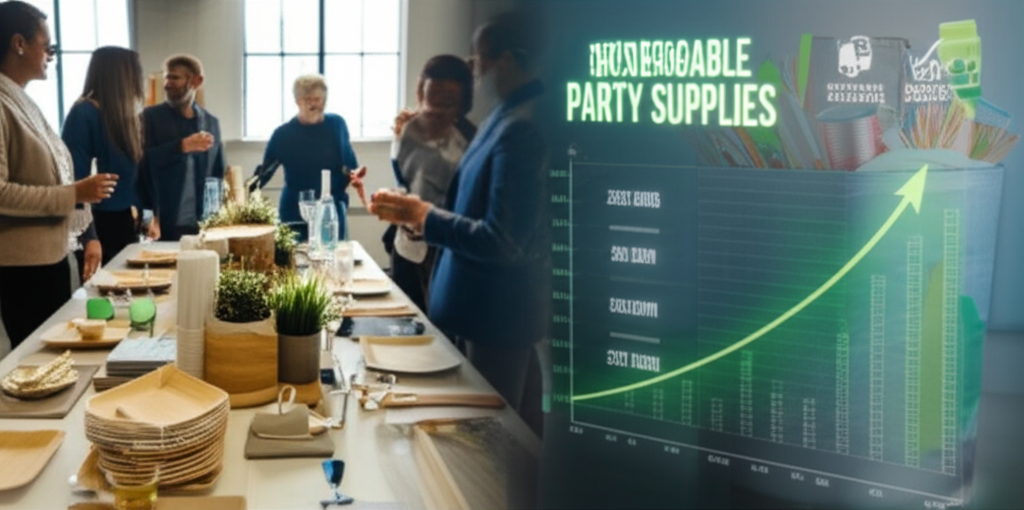 Infographic showing the lifecycle of traditional vs. eco-friendly party supplies, highlighting resource input, usage, and end-of-life impact.