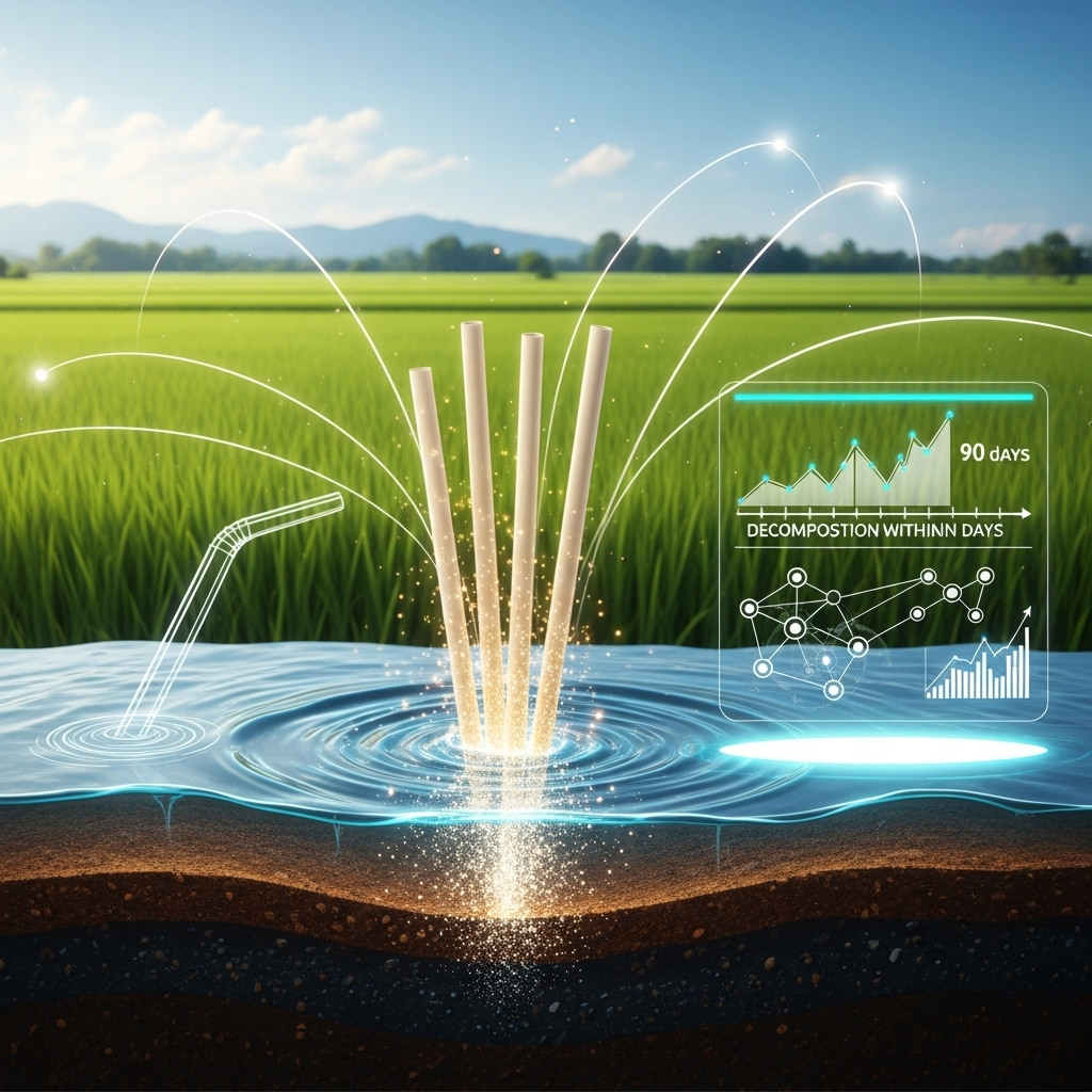 Feature image: Rice straws in a glass, with a lush green background symbolizing sustainability