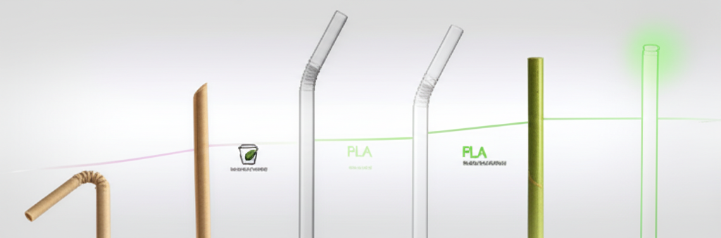 Various types of eco-friendly straws, including paper, bamboo, and metal, arranged neatly