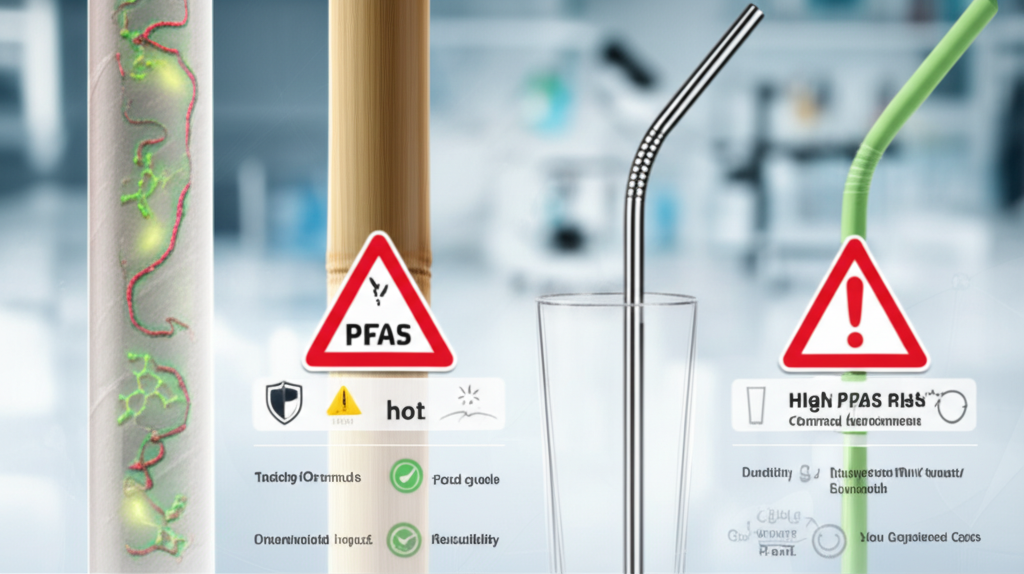 Illustration depicting PFAS chemicals subtly contaminating straw materials, symbolizing hidden dangers.