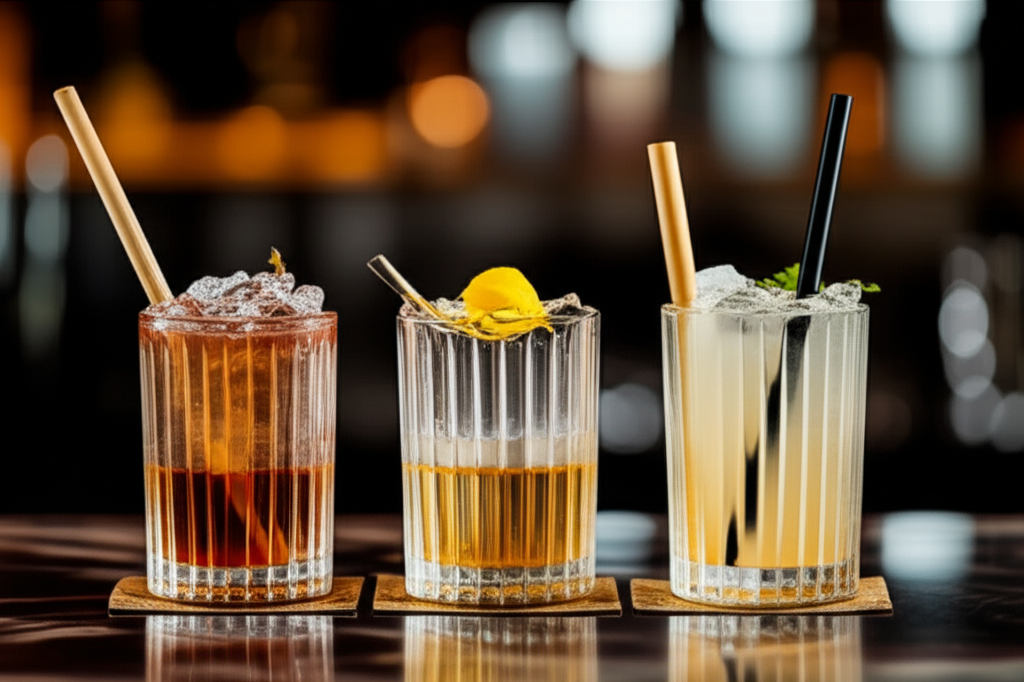 A close-up of a cocktail with a sustainable straw, emphasizing quality and presentation