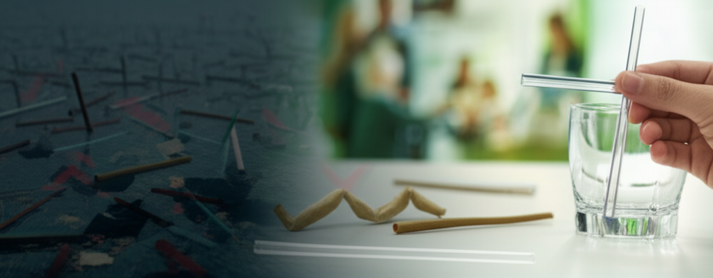 Illustration of various biodegradable straws made from different materials