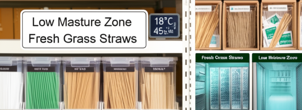 Illustration: A close-up of natural fiber compostable straws (rice, wheat, or dried grass) stored in an airtight container with a desiccant pack, emphasizing moisture control.