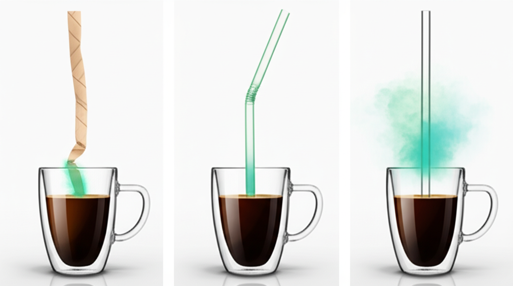 Illustration: A hand holding a sugarcane straw in a coffee cup.