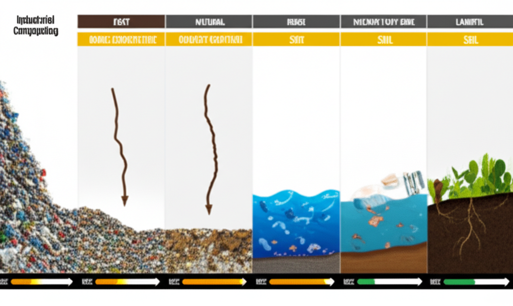 Diagram illustrating different breakdown environments, from industrial composting to marine, with relative speeds.