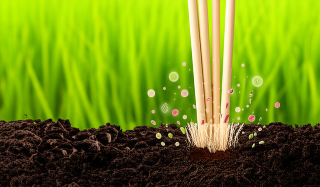 Illustration of rice straws biodegrading in soil