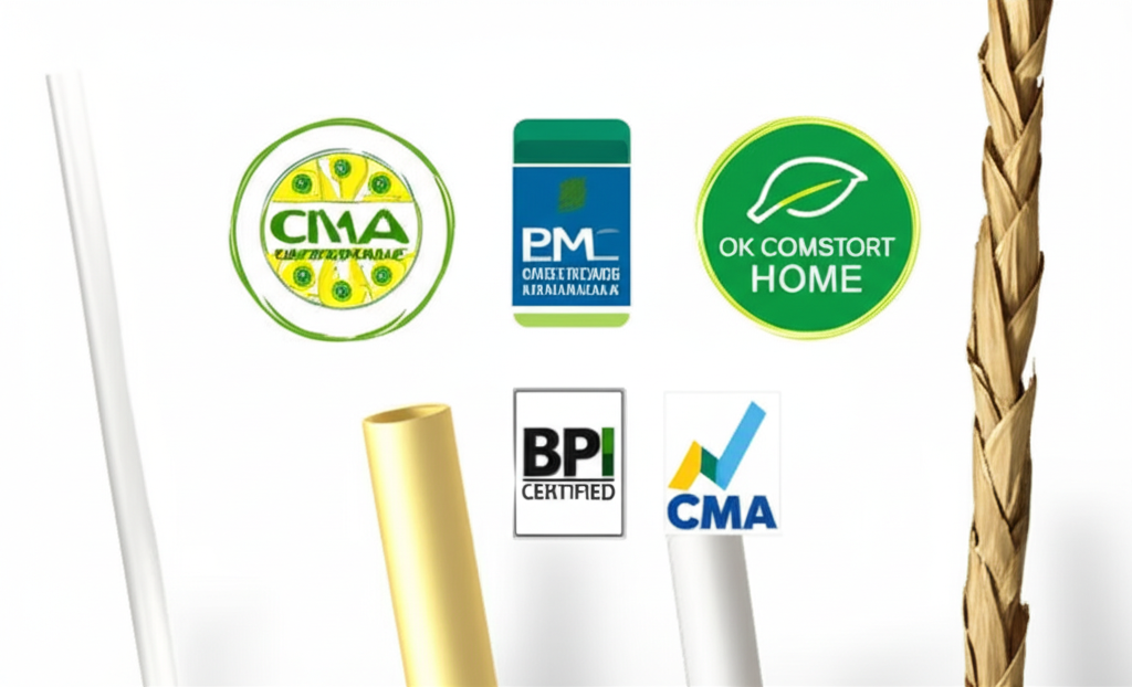 A hand holding a compostable straw, with certification logos in the background