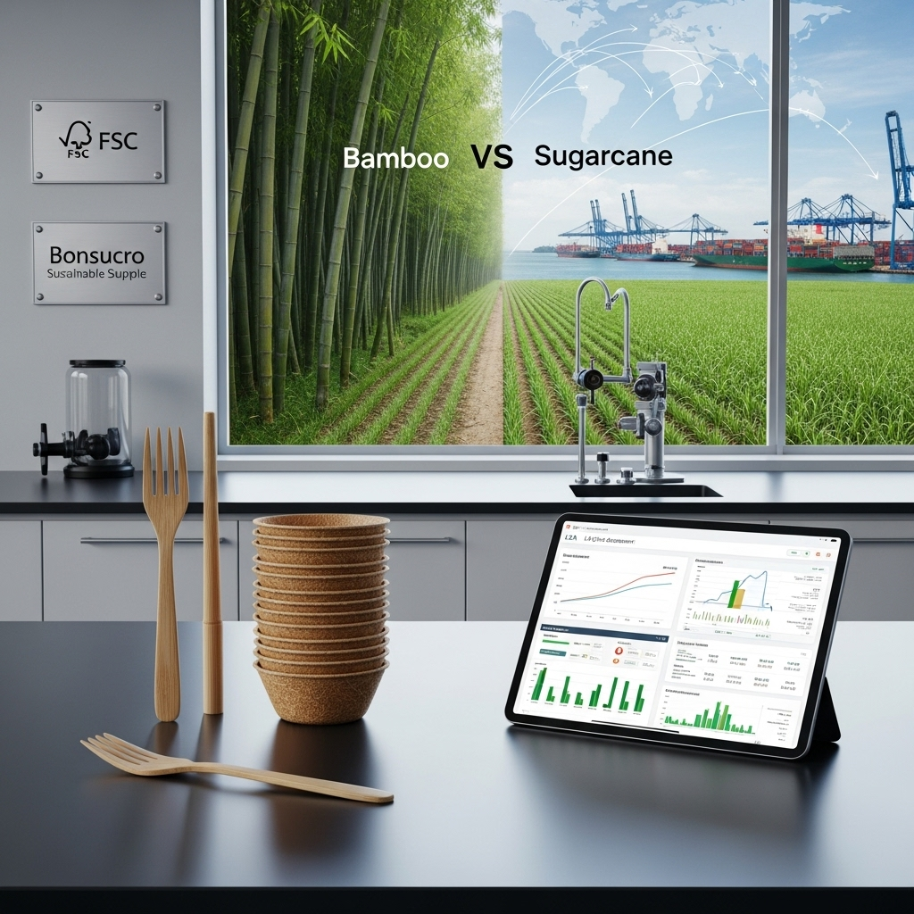 Feature image: Hospitality procurement manager analyzing sustainable material options like bamboo and sugarcane for a hotel supply chain, with a focus on global regulations and supply resilience.
