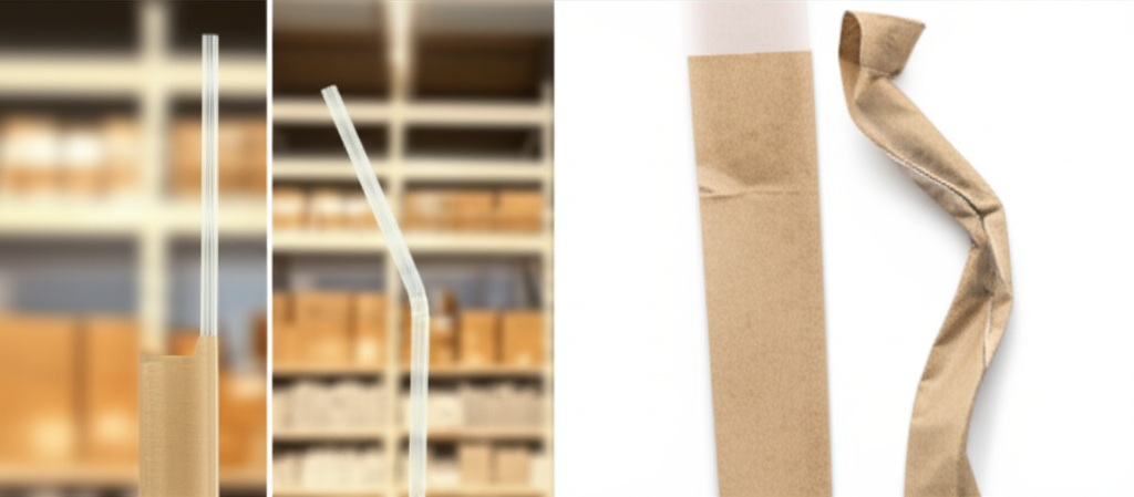 Illustration: A climate-controlled storage room with temperature and humidity gauges, specifically designed for PLA compostable straws, showing optimal conditions.