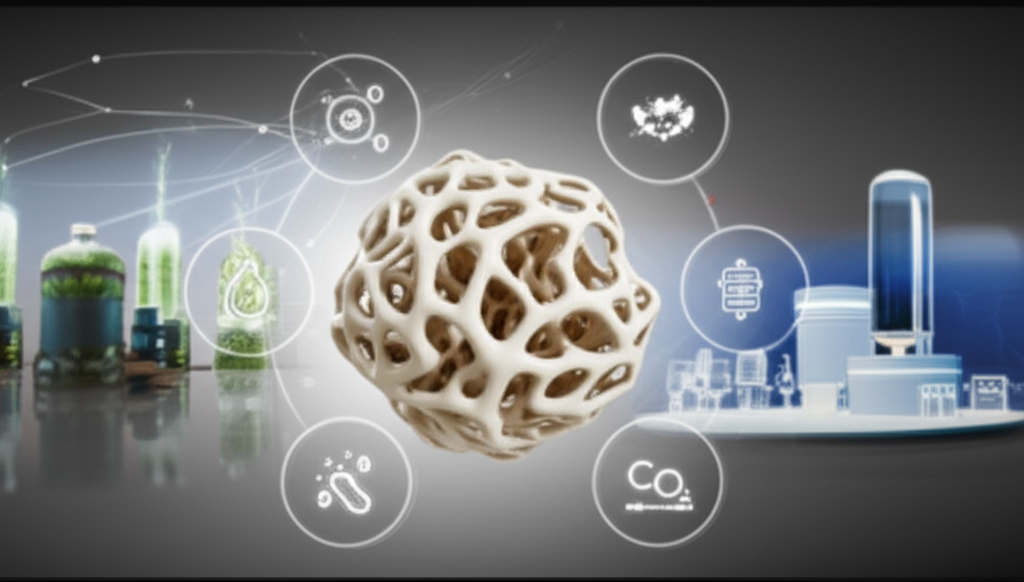 A conceptual image of future biodegradable materials: algae farms, mushroom mycelium packaging, CO2 capture for plastics.