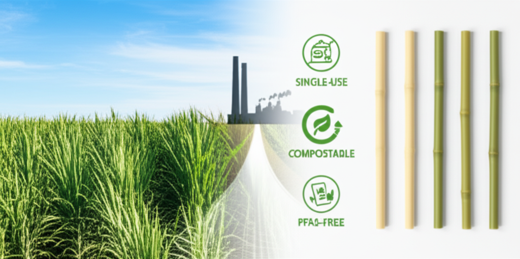Illustration of bamboo stalks and finished bamboo straws, emphasizing their natural and reusable qualities.