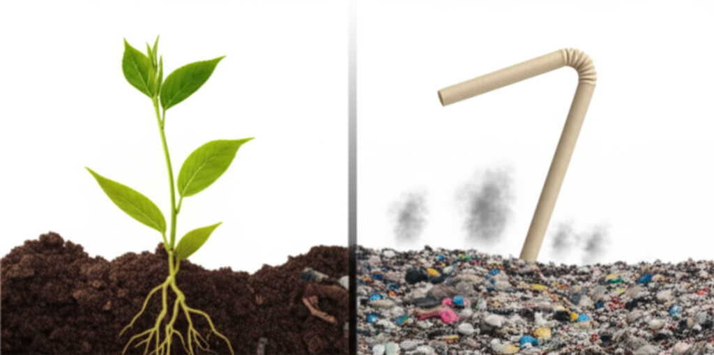 Illustration: A visual metaphor showing a 'compostable' straw in a landfill, with a small, struggling plant trying to grow next to it, emphasizing the lack of true degradation. The background could be a stylized, slightly dystopian landfill scene, contrasting with the 'green' promise.