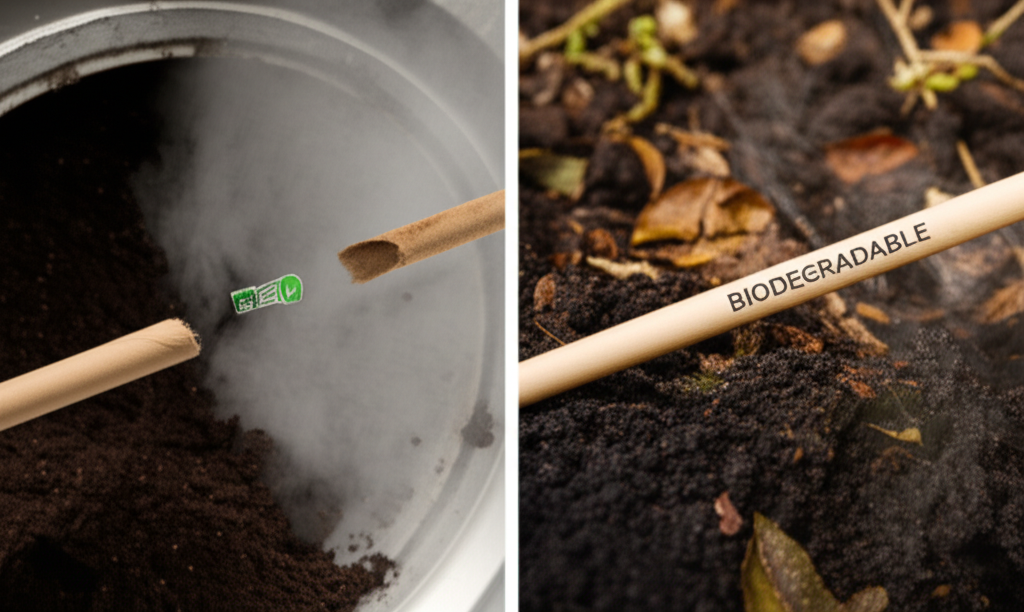 Illustration: A close-up of a compostable straw with various certification logos (BPI, Seedling, OK Compost) and clear disposal instructions, emphasizing proper labeling and consumer guidance.