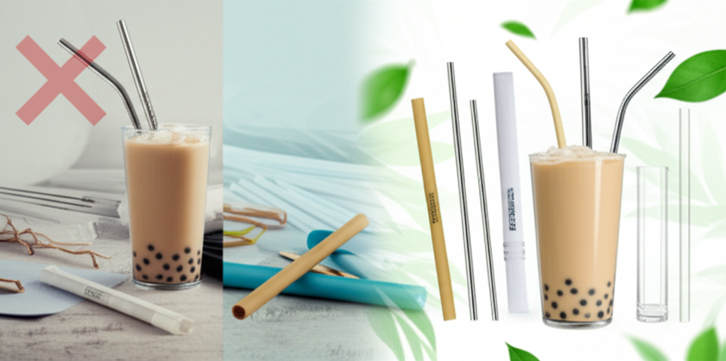 Illustration of various boba straw materials including plastic, paper, and reusable options, highlighting the shift towards sustainability.