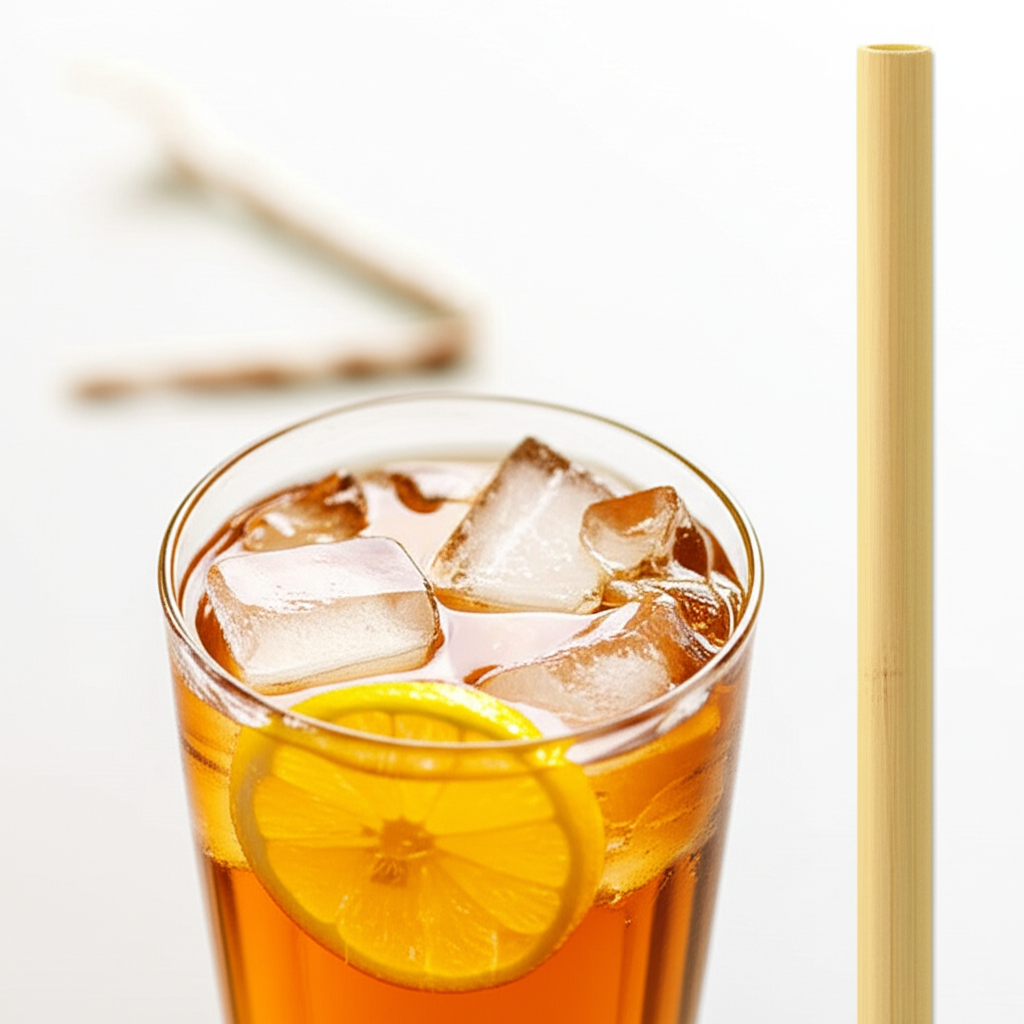 Close-up of a bamboo straw in a drink, showing durability.