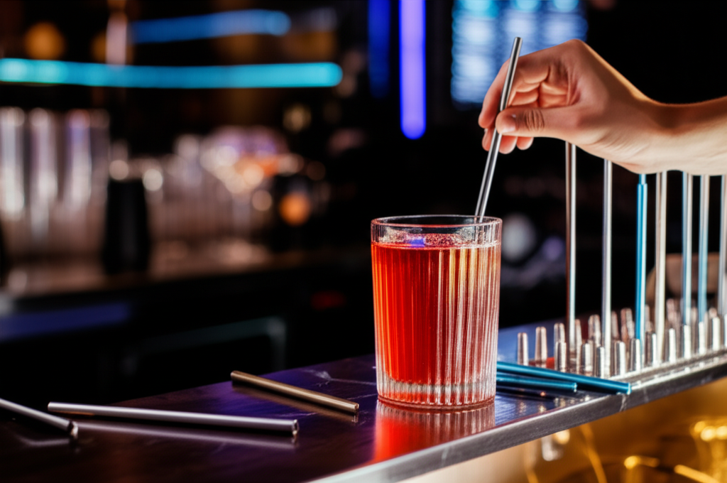 Generated image of various reusable straws in a bar setting