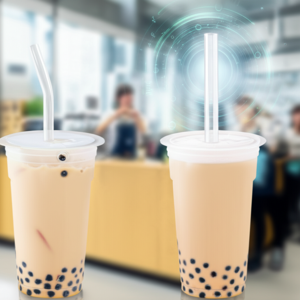 Bubble tea shop with customers enjoying drinks