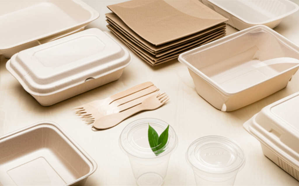 Various types of sustainable foodservice packaging