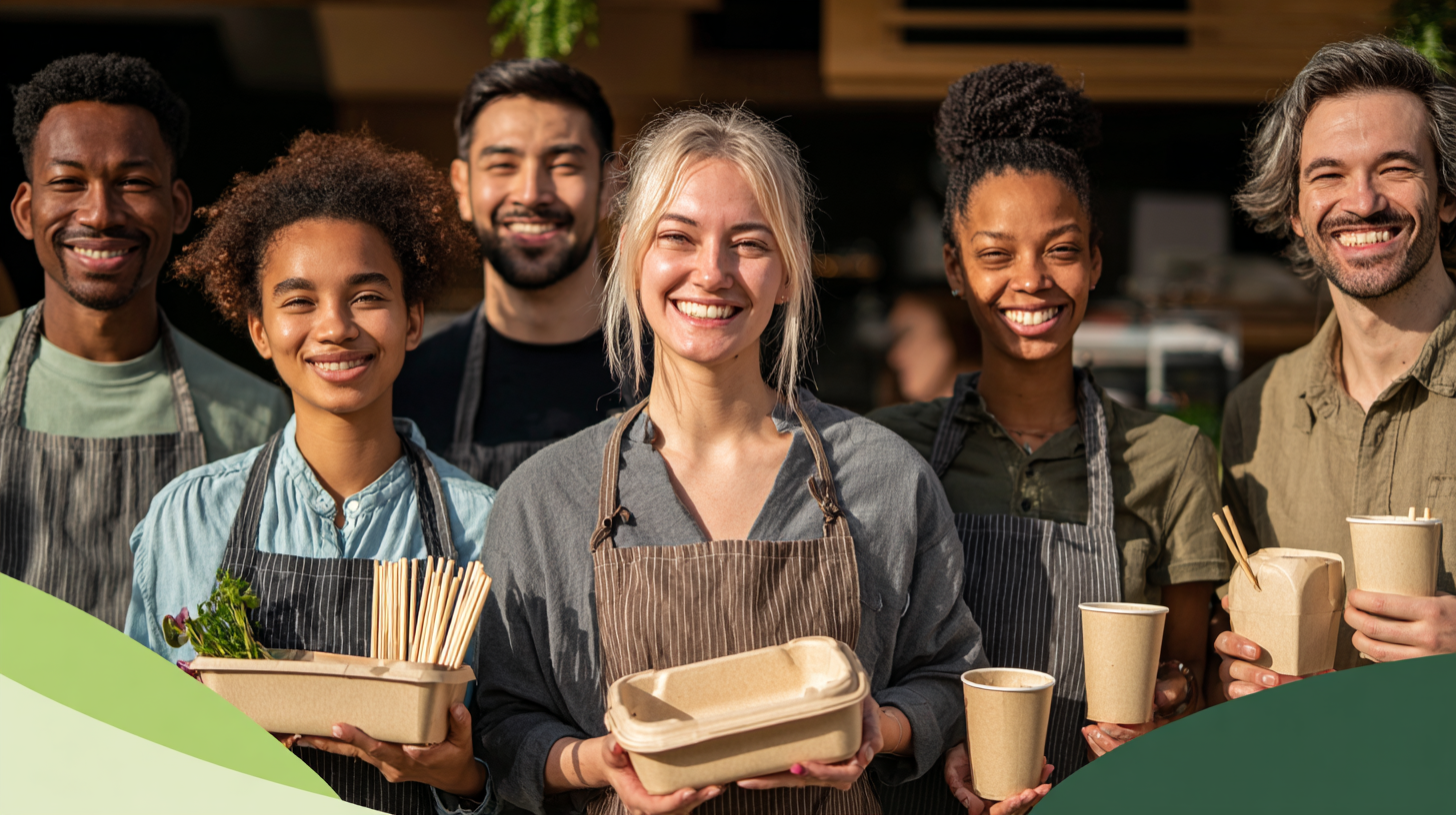 Restaurant team holding eco supplies