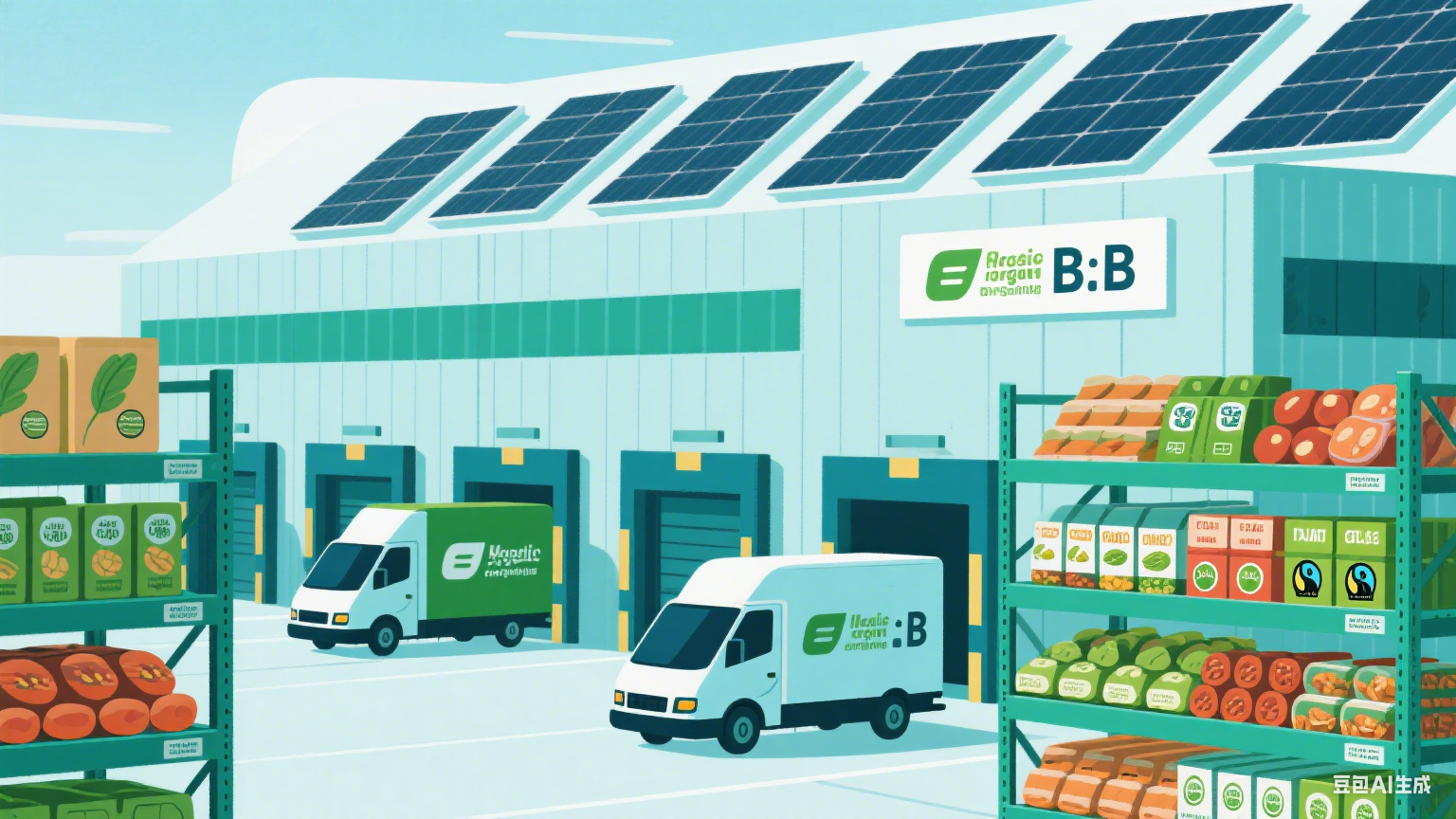 Editorial-style illustration of a modern wholesale food warehouse with solar panels, electric delivery trucks, and shelves of eco-friendly food products with organic and fair-trade labels, professional B2B visual, green-blue color palette, futuristic yet realistic.