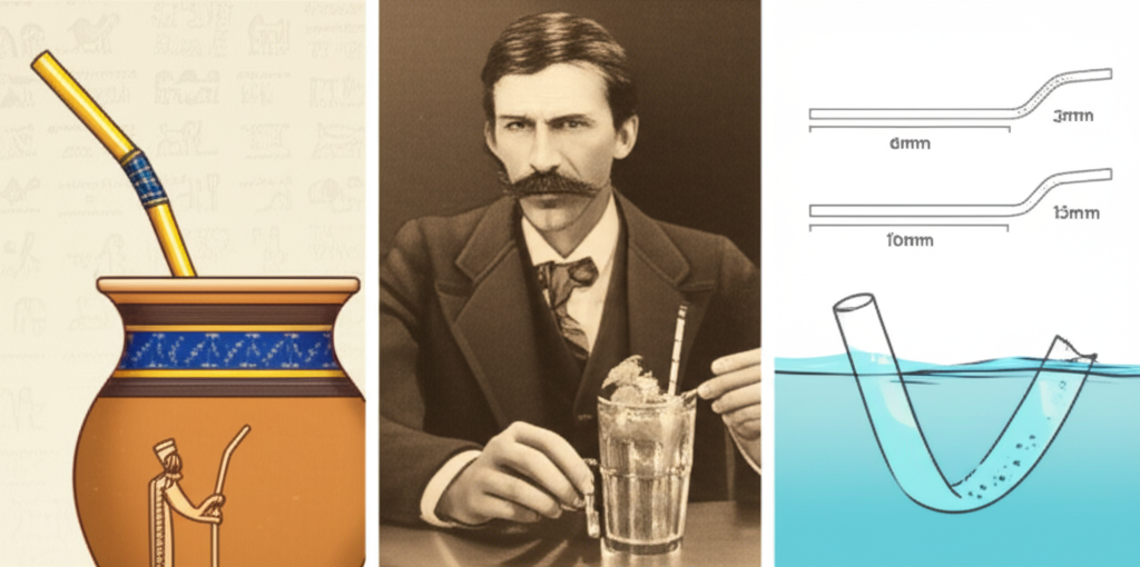 Illustration of historical drinking straws from ancient times to modern paper straws.