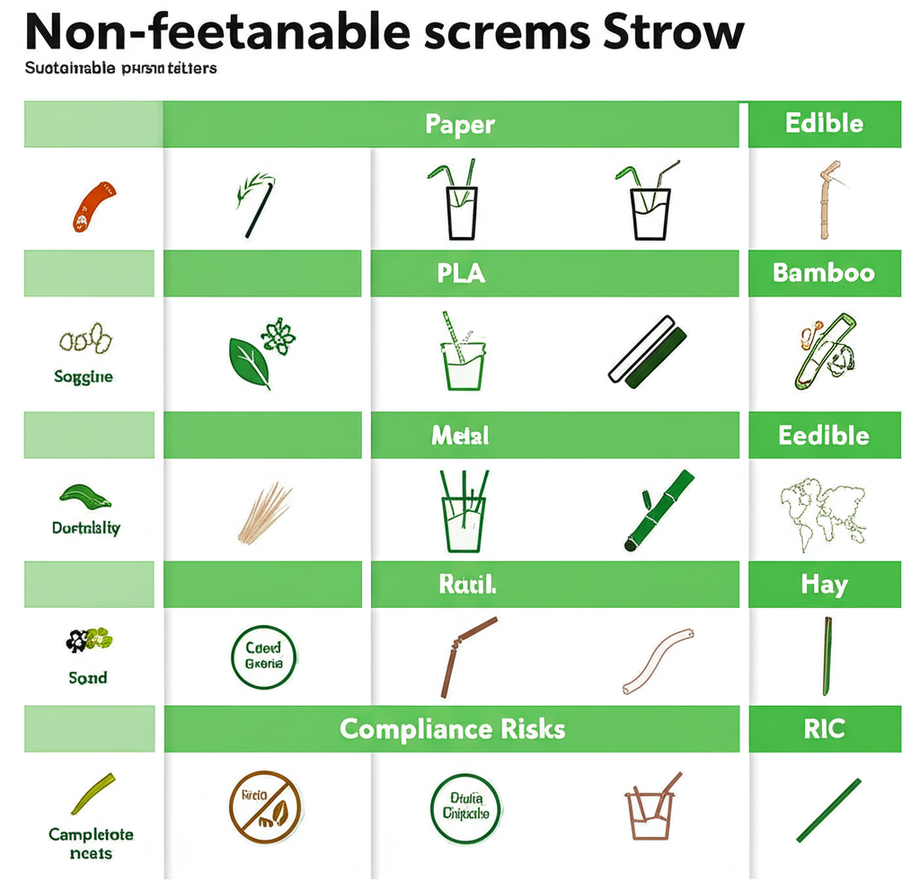 A detailed infographic summarizing the comparison table, using icons for each straw type and visual cues for their pros and cons.