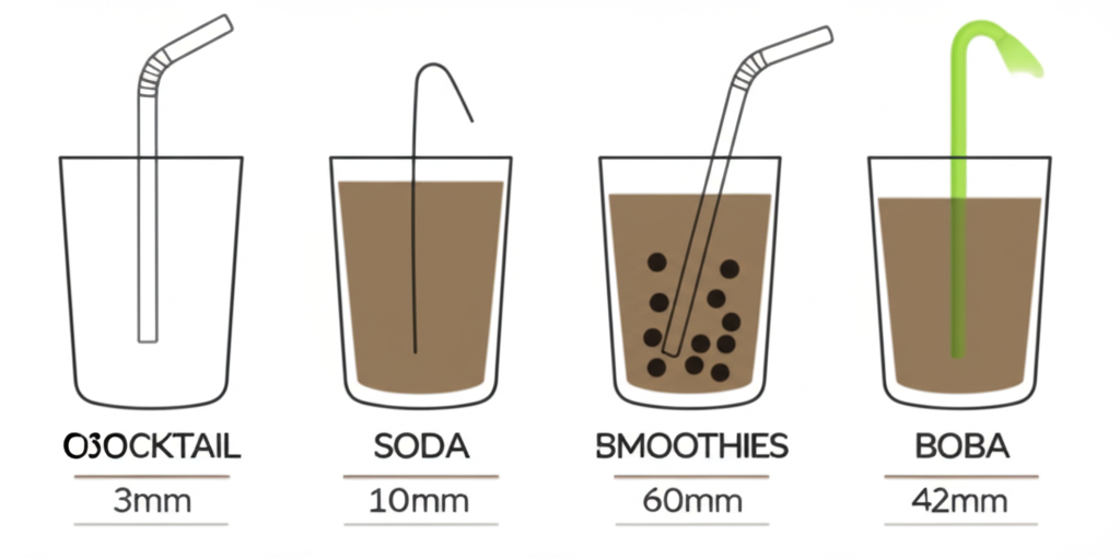 Infographic showing various straw diameters matched to different beverage types.