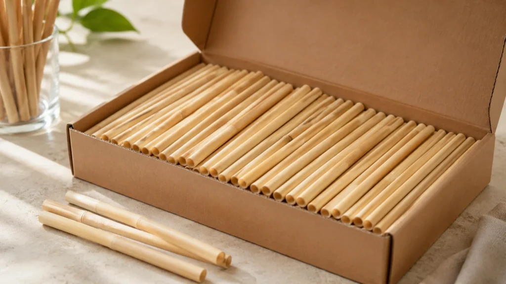 Coffee ground drinking straw in latte glass on wooden cafe table - MOMOIO blog hero