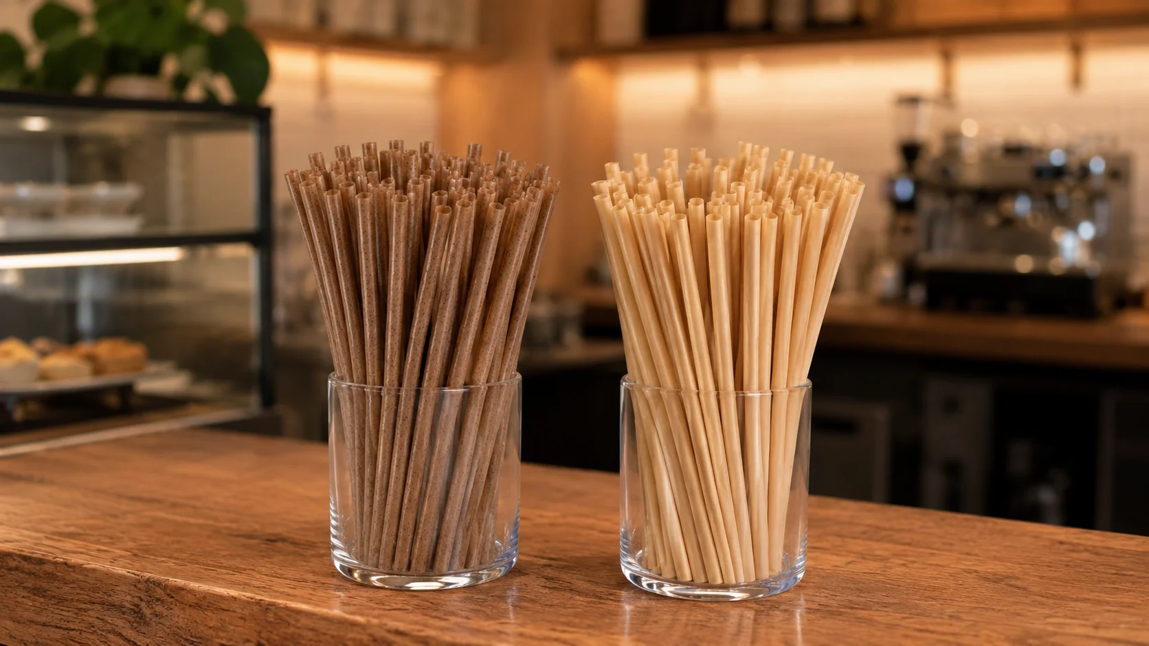 Coffee ground and sugarcane straws in glasses on cafe counter