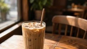 Coffee ground straw in iced latte at cafe