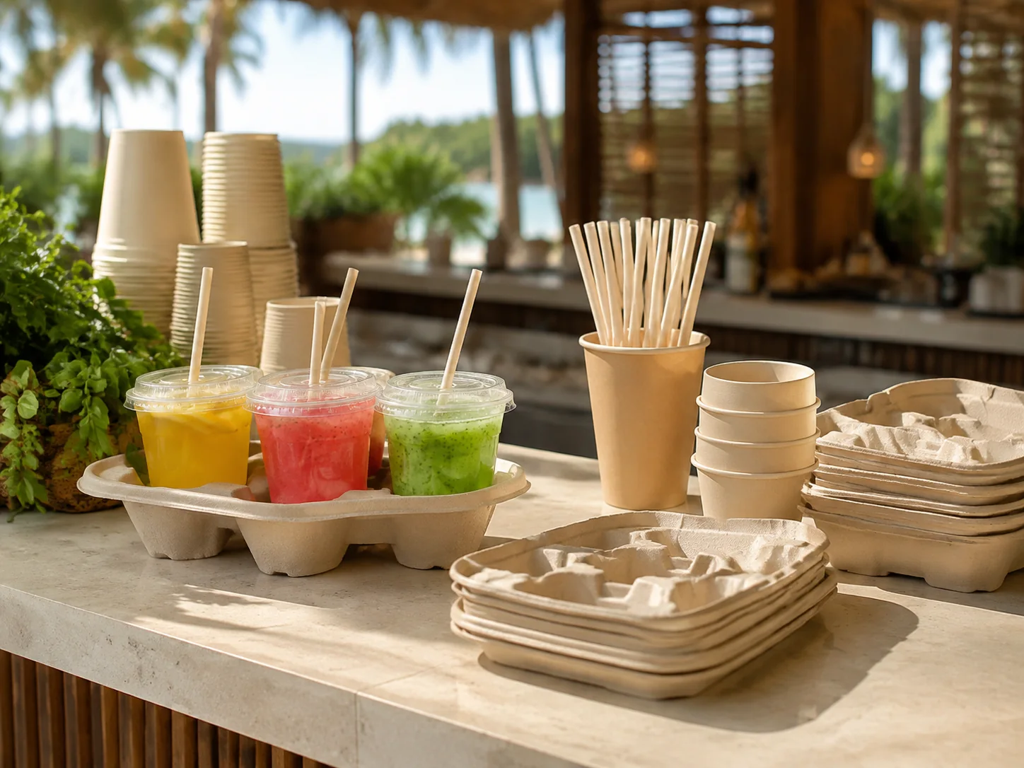 Compostable drinking straws for foodservice — flat lay