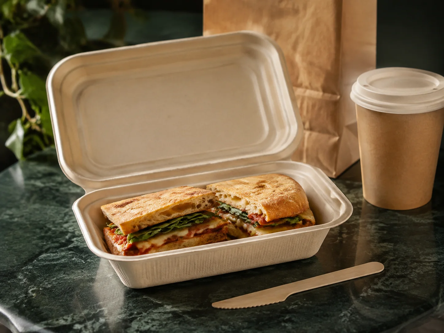 Compostable tableware and cutlery for foodservice — clamshell sandwich service