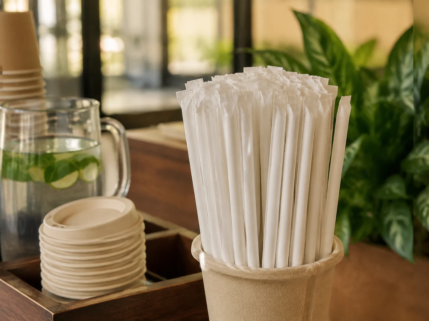 Compostable paper cups and lid options — cafe display